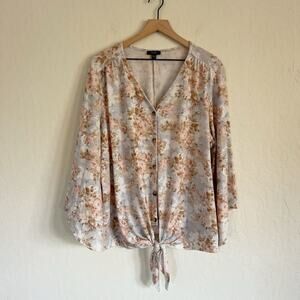 Cocomo Long Bell Sleeve Button Front Tie Waist Top Plus Size 1X Pink Blue Floral